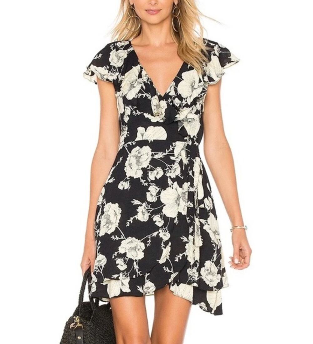 Free People French Quarter Wrap Mini Dress Black Floral Printed Size XS Ruffle